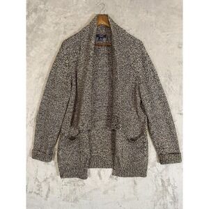 Chaps Sweater Womens Sz XLTan Black Marled Knit‎ Shawl Collar Open Cardigan Cozy